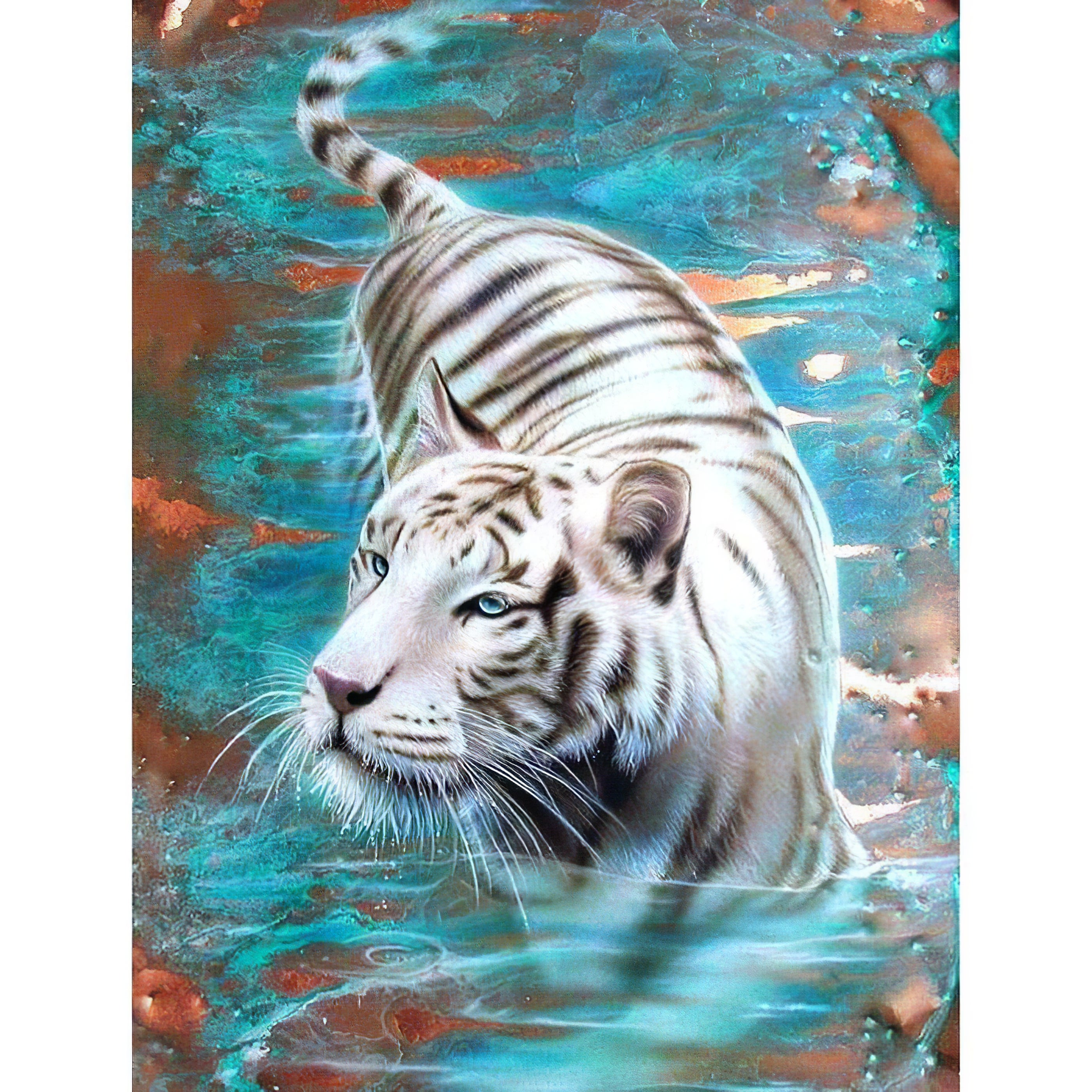 Capturez le geste élégant de nage du tigre blanc dans cette broderie diamant. Tigre blanc dans l'eau - j'adore la broderie diamant