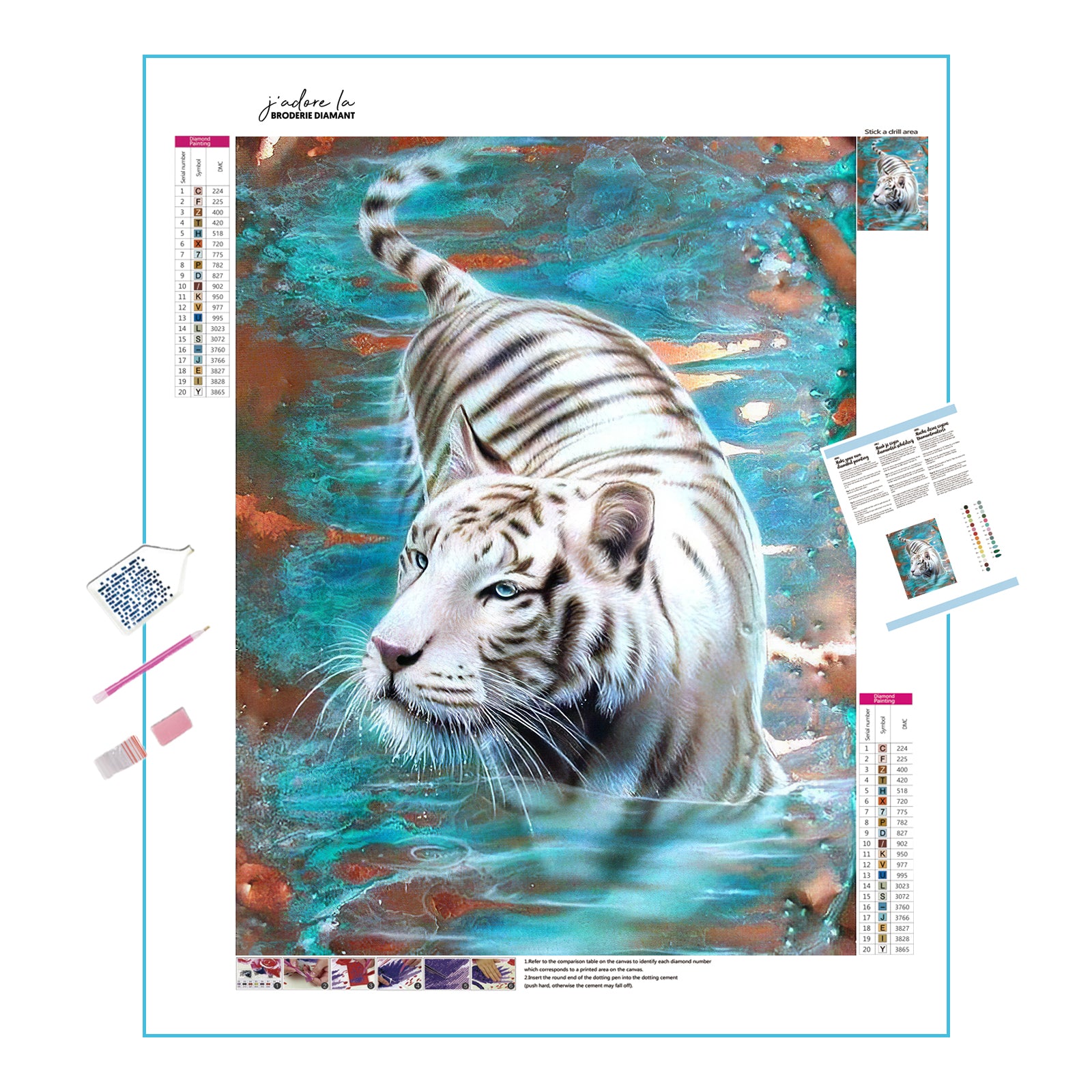 Capturez le geste élégant de nage du tigre blanc dans cette broderie diamant. Tigre blanc dans l'eau - j'adore la broderie diamant