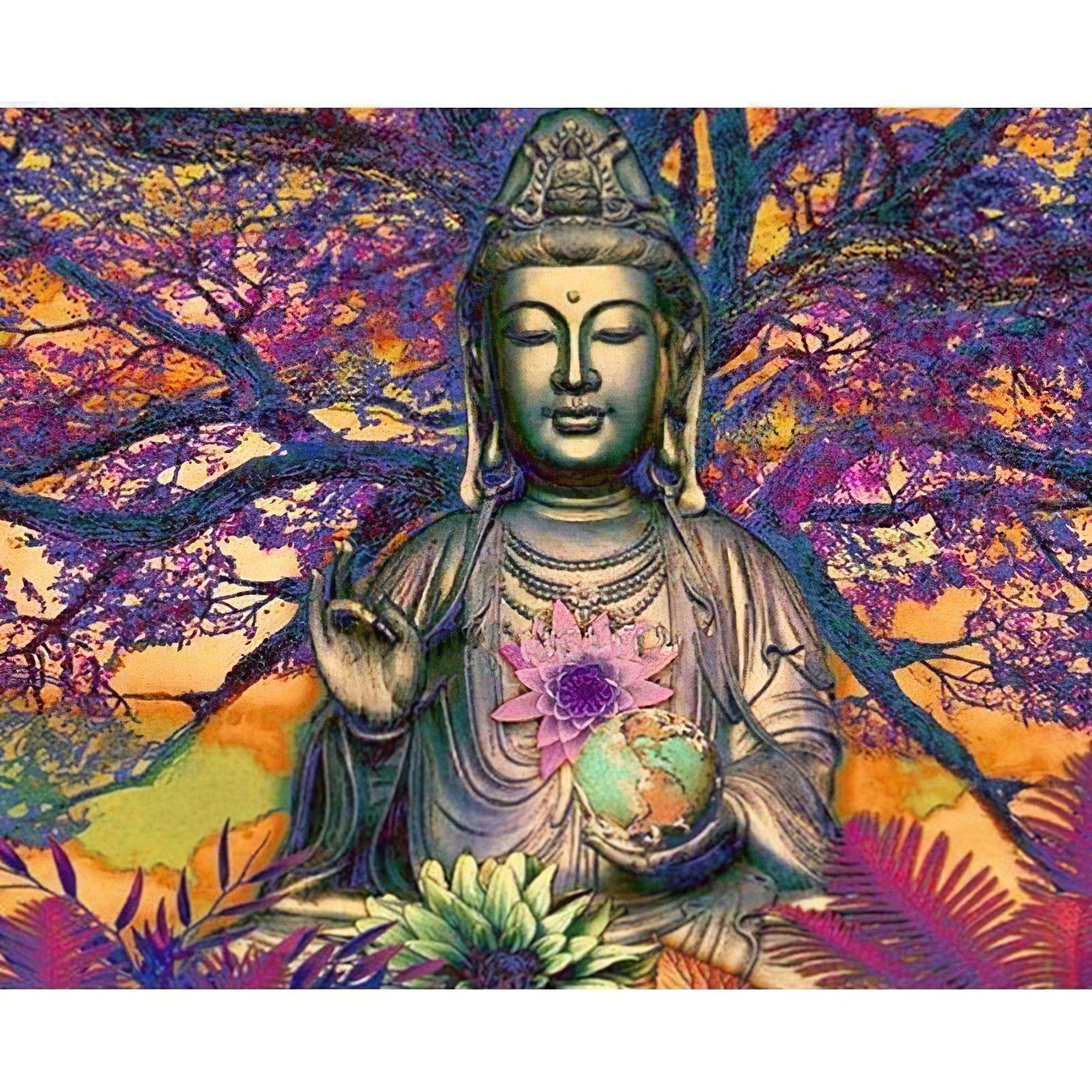 Une broderie diamant nommée Arbre de Bouddha. Bouddha en contemplation sous un arbre, une scène d'illumination et d'étreinte de la nature. Arbre de Bouddha - j'adore la broderie diamant