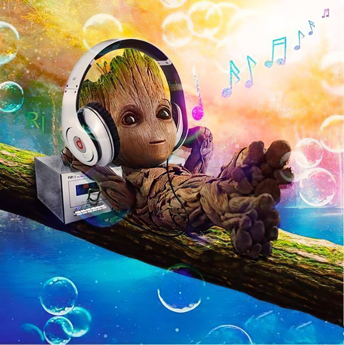 Baby Groot écoute de la musique