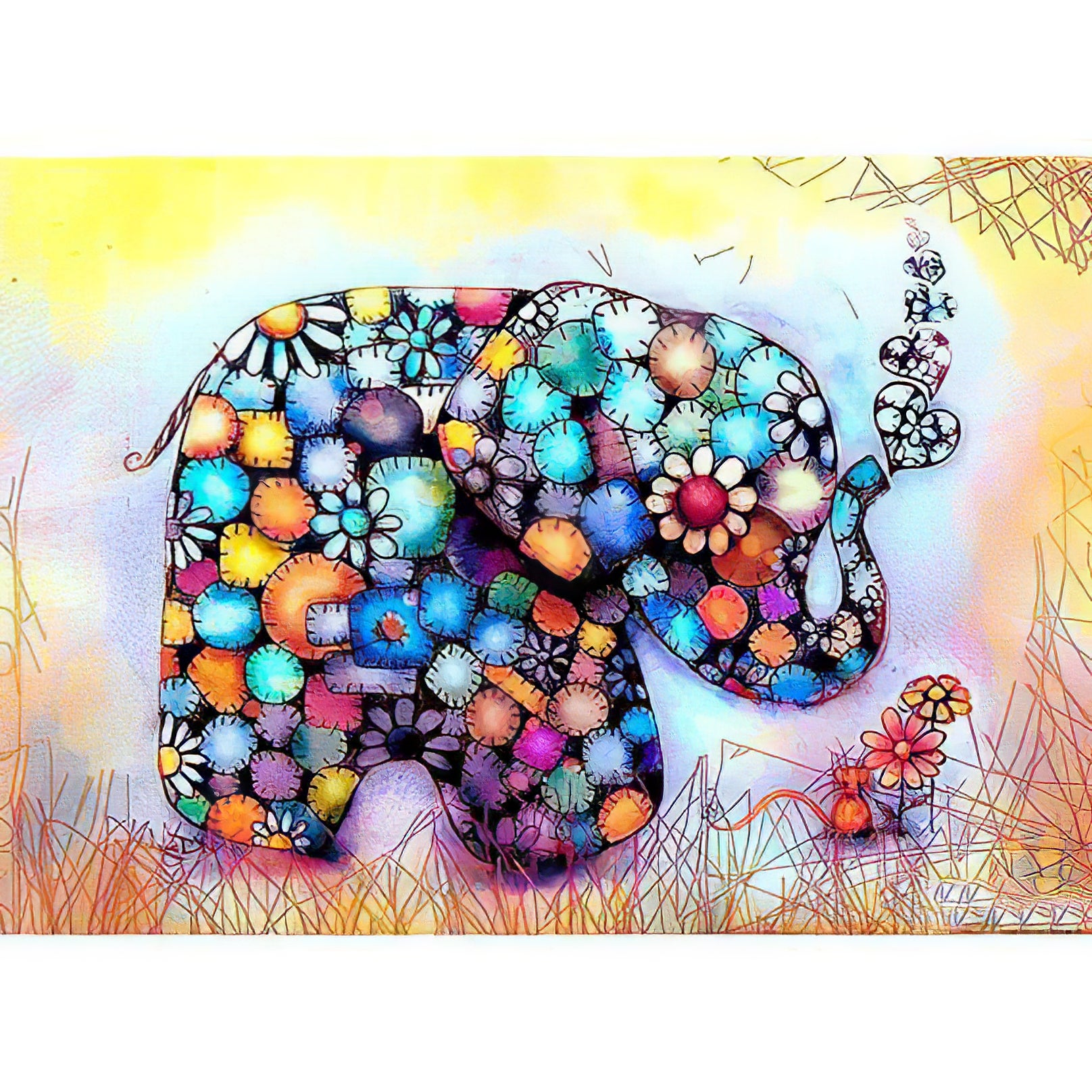 Un Eléphant Orné de Fleurs Multicolores