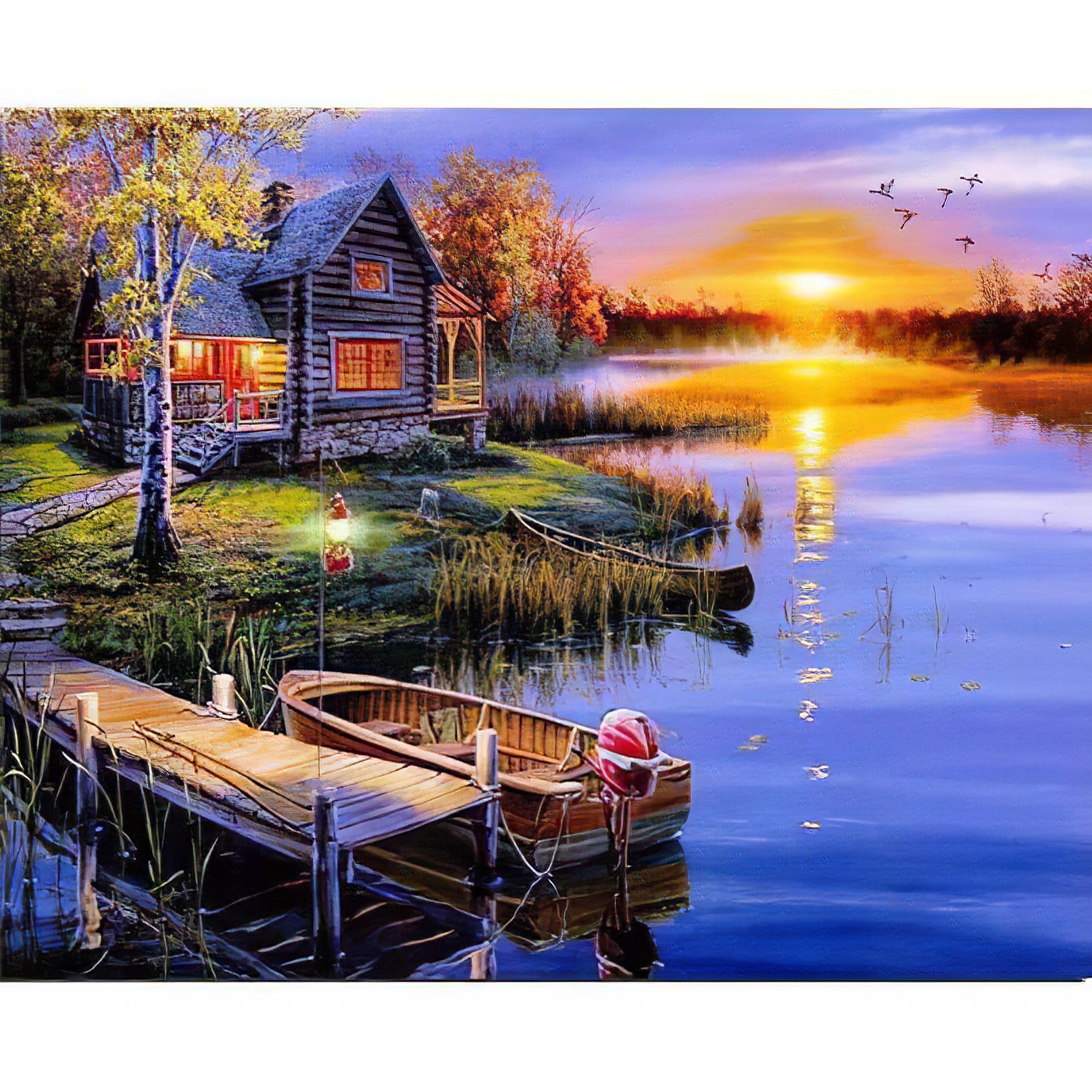 Une Maison au Bord d'un Lac au Coucher du Soleil